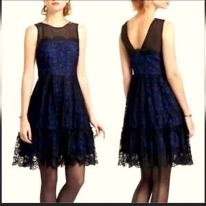 Anthropologie Moulinette Soeurs royal blue with black mesh and lace overlay.